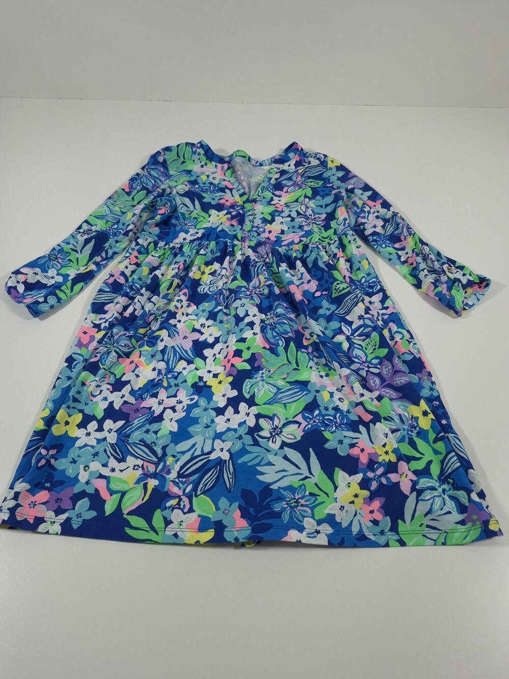 Lilly Pulitzer Dress Womens XS Blue Floral V-Neck Long Sleeve Cotton Tropical